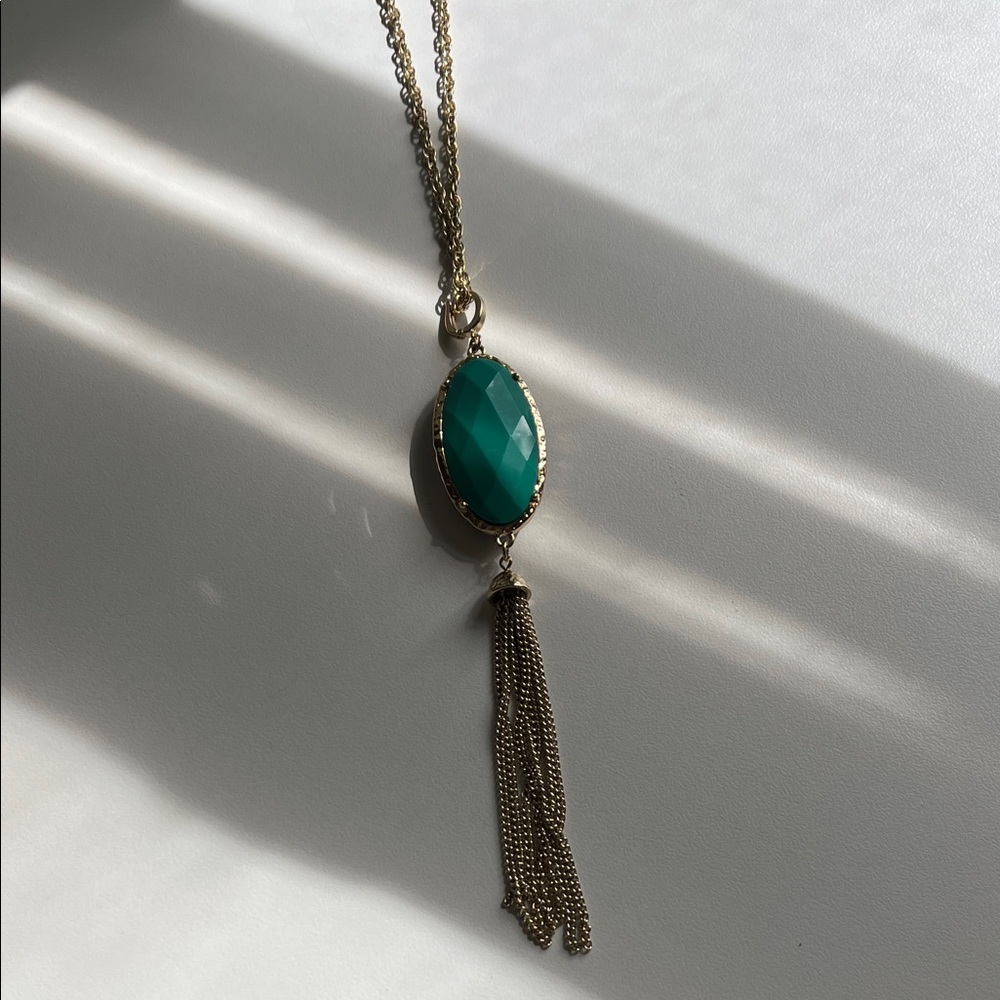 3 for $15 Gold-Tone Necklace with Green Faceted Pendant and Tassel